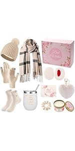 Patelai 11 Pcs Birthday Basket Gifts Set for Women Knitted Winter Beanie Hat Gloves Scarf Earmuff Tumbler Candle Fleece Socks