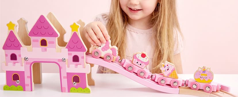 Princess Castle & Magnetic Trains, Compatible with Most Wooden Train Tracks, Birthday Gift for Girls 3 4 5 Year Old Atoylink Wooden Train Set for Toddler Girls, 40Pcs Pink Unicorn Train Toys B0H6HGYDWR