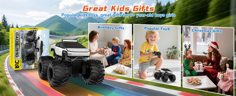 Amphibious Remote Control Car, 1:18 Monster Truck Toys for Boys RC Cars, 2.4 GHz Waterproof RC Trucks, 4WD All Terrain Off-Road Pickup, Kids Christmas Birthday Gifts Present Boys Girls Toys Ages 6+