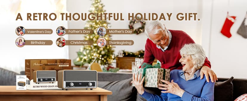 Vintage Wood AM FM Bluetooth Radio with Clock, Digital Clock Radio for Bedroom with LCD Display | 40 Presets | Sleep Timer | No Alarm, Retro Bluetooth Speaker for Office, Kitchen (Wood)