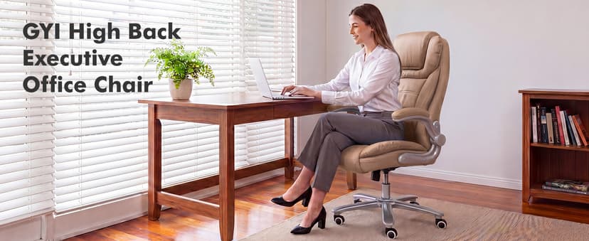 GYI Big and Tall Office Chair 400lb Wide Seat, Ergonomic High Back Leather Executive Desk Chair with Flip-up Arms, Brown