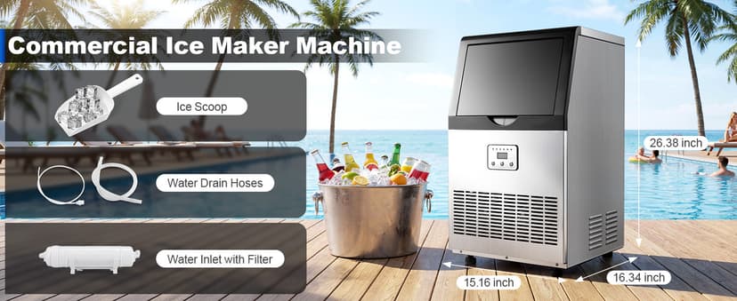 Amzgachfktch Commercial Ice Maker, 100lbs/24H Ice Maker Machine, Auto Self-Cleaning, LED Digital Display, Blue Light, Under Counter/Freestanding Ice Machine for Home/Office/Restaurant/Bar