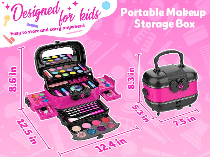 Hollyhi 58 Pcs Kids Makeup Kit for Girl, Princess Toys Real Washable Cosmetic Set with Mirror, Kids Makeup Sets for Girls, Play Make Up Birthday Gifts for 3 4 5 6 7 8 9 10 11 12 Years Old Kid (Rose)