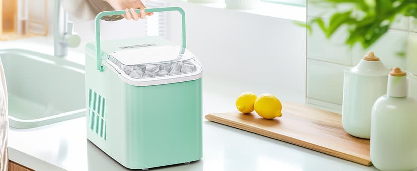 NEWBULIG Ice Makers Countertop with Handle, Portable Ice Machine, 9 Bullet Ice Cubes in 6 Mins, 26lbs in 24Hrs, Auto-Cleaning, with Basket and Scoop, for Home, Kitchen, RV, Camping,Green