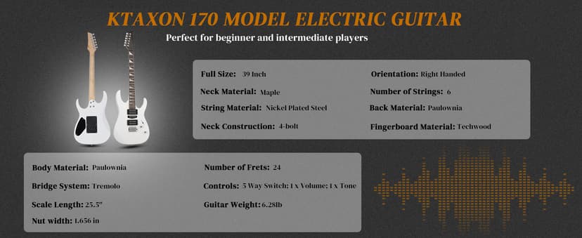 Ktaxon 39" Electric Guitar with 20Watt Amp, Full Size 170 Model Starter Guitar Kit for Beginners & Professionals W/Bag, Shoulder Strap, Wrench Tool, Plectrum - White