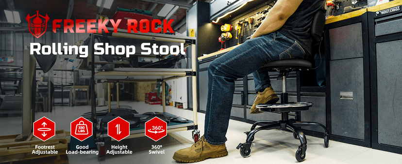 Rolling Shop Stool with Wheels, Garage Mechanic Stool Chair with Backrest, Height Adjustable Heavy Duty Swivel Task Chair, Adjustable Footrest with Storage Tray for Garage Kitchen Salon Tattoo (Black)