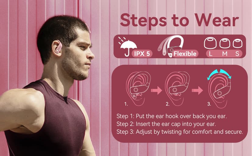 bmani Ear Buds Wireless Earbuds Bluetooth Headphones with 80H Playtime LED Display Case, Over-Ear Hook with Mic, Stereo Sound, Easy Button Controls, Sports Earphones for Running Workout Gym Pink