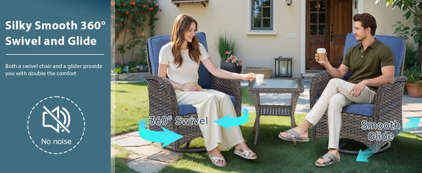 2 in 1 Porch Glider Swivel Chair - Wicker Patio Furniture Outdoor Swivel Rocker Chair with Thick Cushion, 300 Lb Weight Capacity Patio Swivel Glider Seating - Brown Wicker, Blue Cushion