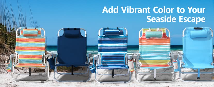 PASAMIC Backpack Beach Chair for Adults Portable, Lay Flat Reclining Beach Chair with 5 Positions, Tall Heavy Duty Folding Chairs with Cup Holder, Cooler Pouch, Towel Bar, Multicolor Stripe