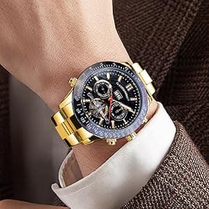 FORSINING Men Tourbillon Mechanical Self-Wind Watch, Day Date Month Full Calendar, Luminous Tachymeter Multifunctional Automatic Watches, Carved Big Dial Stainless Steel Band Wrist Watch