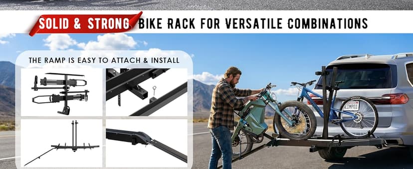 Ebike Rack with Ramp, Foldable Bike Rack for Tow Hitch, Heavy Duty Bike Carrier for 2 Fat Tire Bikes with 300LBS Load Capacity - Fits SUV, Truck, Trailer, RV