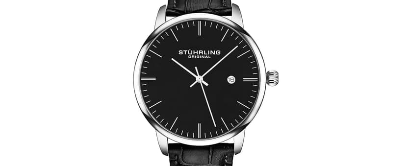 Stuhrling Original Men’s 40 mm Ultra-Slim Black Dial Dress Watch with Calfskin Leather Strap, Date Display – Minimalist Analog Wristwatch