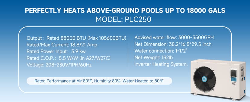 Max 105600BTU Electric Pool Heater for Above and In Ground Pools, 26KW Swimming Pool Heat Pump PLC250, Inverter Heating System, High Efficiency, fits 18/20/26ft Pools, 208~230V/60Hz