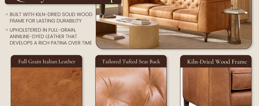 POLY & BARK Essex 89” Full-Grain Italian Leather Sofa – Tufted Back, Feather-Down Comfort, Solid Wood Frame, Cognac Tan