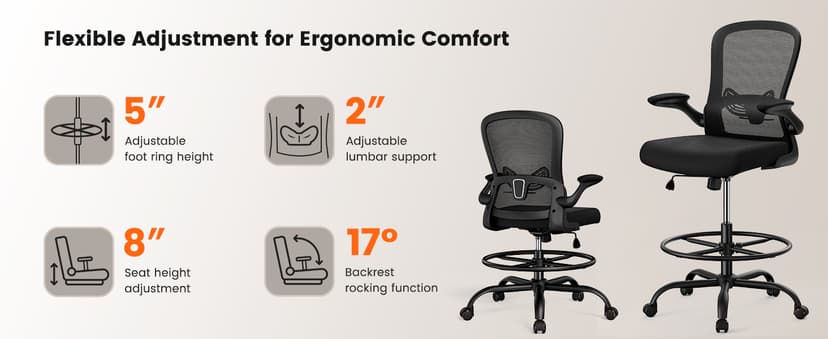 ErGear Drafting Chair, Standing Desk Chair with Flip-Up Armrests, High Desk Chair Adjustable Height, Ergonomic Tall Office Chair with Lumbar Support and Adjustable Footrest Ring