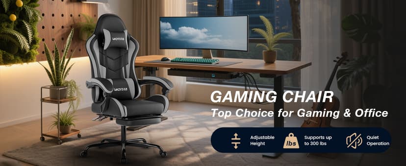 Gaming Chair with Footrest, Ergonomic Gaming Chair, Computer Chair with Lumbar Support, Headrest, Height Adjustable PC Chairs with 360° Swivel Seat for Office or Gaming BlackGrey
