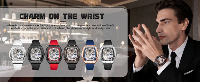 OLEVS Watch for Men Skeleton Automatic Tonneau Silicone Strap Business Luxury Waterproof Luminous Mechanical Men Wrist Watch