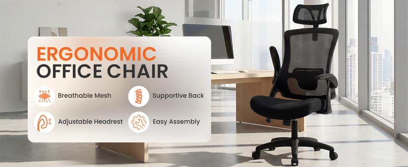 NEO CHAIR Office Desk Chair Gaming Computer High Back Support Mesh Comfy Seat with Adjustable Ergonomic Headrest Lumbar Rolling Flip-up Armrests and Wheels (Black)