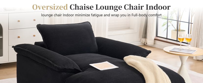 Oversized Chaise Lounge Chair Indoor, 67" Boneless Chaise Lounge with Extra Deep Seat, Comfy Corduroy Upholstered Sleeper Sofa Bed, Cozy Fluffy Single Sofa Armchair for Living Room, Black