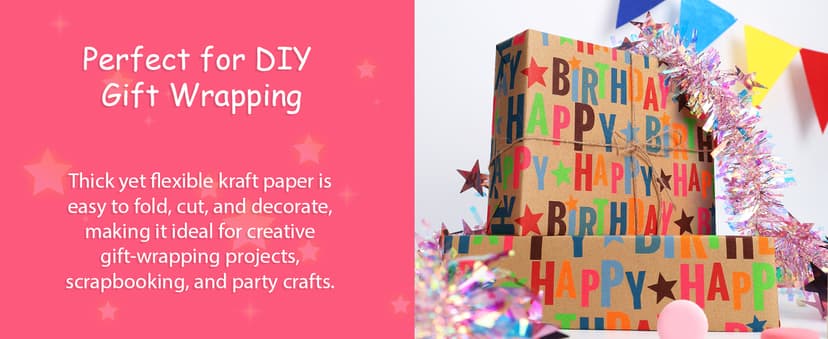 17 inch X 33 feet, Gridlines Design, Recycled, Holiday BIOBROWN Kraft Birthday Wrapping Paper Colorful Text Happy Birthday Design B0BLSML9G3