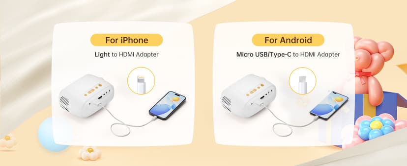 ARTSEA Mini Portable Projector for iPhone - HD 1080P Support Pico Movie Projector to Watch Cartoon, Phone Projector Compatible with HDMI, USB, TV Stick, Laptop, iOS and Android