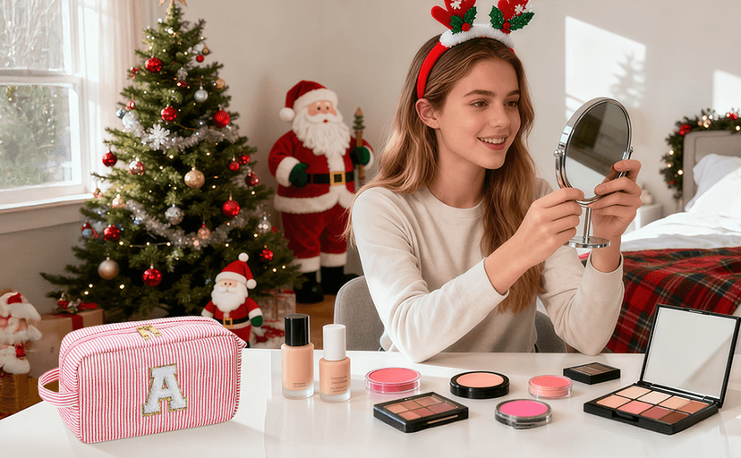 YOOLIFE Christmas Gifts for Women Teen Girls Kids Stocking Stuffers - Initial Makeup Bag Cosmetic Bag Toiletry Pouch, Personalized Birthday Gifts for Women Girls Mom Daughter Sister Friends, Pink M