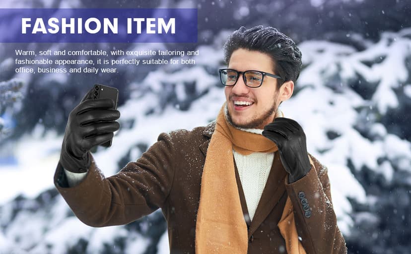 QOF Winter Genuine Leather Gloves for Men, Cashmere Warm Lined Finger Touchscreen Texting Driving Gloves