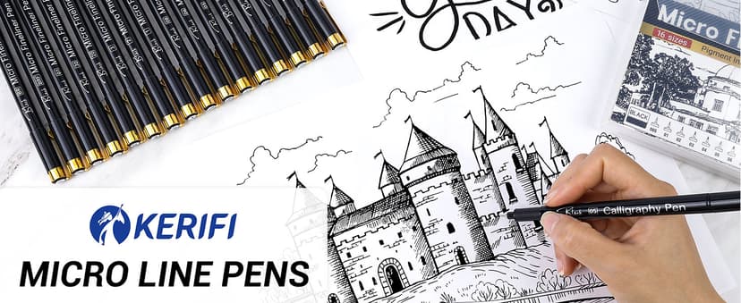 KERIFI Micro Fineliner Drawing Pens for Artists, 16 Black Fine Liner Markers, Waterproof Archival Ink Multiliner Pens, Technical Mandala Zentangle Book Accessories, Art Supplies Stuff Gifts for Adults