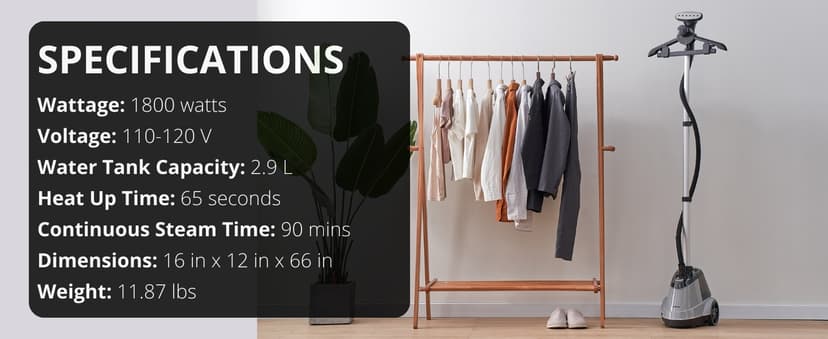 True & Tidy Heavy Duty Commercial Full Size Standing Garment Steamer for Clothes with Extra Large 2.9L (98 oz) Water Tank for 90+ mins of Steam Time, 1800 watts of Powerful Steam, 3 Settings, Gray