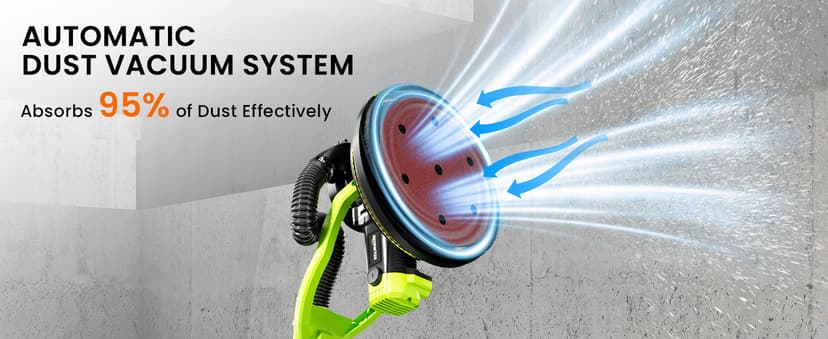 WorkBless Drywall Sander, 1050W 7.2A Popcorn Ceiling Removal Tool, Automatic Drywall Sander with Vacuum Dust Collector, 7 Variable Speed 1000-2100RPM, 15Pcs Sanding Discs(Green)