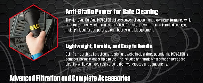 METROVAC DataVac® ESD Safe Pro Series MDV-1ESD, Compact Computer Vacuum & Blower for Electronics, Anti-Static, HEPA Filtration, and Durable