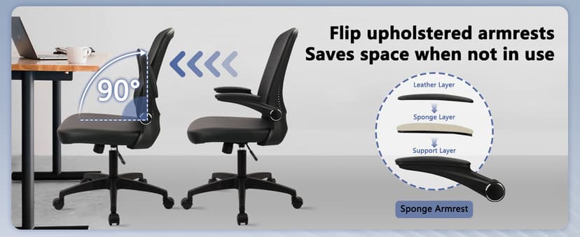 CLATINA Desk Chairs with PU Leather Seat, Flip Up Arms Ergonomic Mesh Back Office Chair with Lumbar Support, Adjustable Height Swivel Rolling Computer Chairs for Home Conference Meeting, Black, 8 Pack