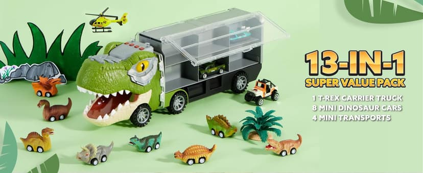 JOYIN 13 in 1 Dinosaur Toys for Kids 3-5, Dinosaur Truck with 12 Pull Back Cars, Birthday Gifts Toys for 3 4 5+ Year Old Boy, Transport Carrier Truck for Toddlers, Christmas Great Gifts for Grandkids