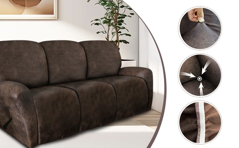 ANARACHON Leather Look Recliner Couch Cover 8-Piece Recliner Sofa Slipcovers 3 Seater for Reclining Couches Furniture Protector Spandex Fabric Washable (Recliner Sofa, Brown)