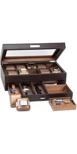 Mens Watch Box Leather Valet Tray - Bedside Table Organizer, Men's Jewelry Box, Watch Case for Men with Large Smartphone Charging Station - Jewelry Box for Men with Valet Box and Nightstand Organizer