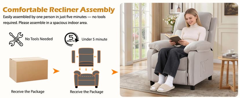 Korser Recliner Chair, Living Room Chairs for Adults, Padded Deep Seat Reading Chair with Side Pockets, Small Recliners for Small Spaces, Lounge Chair for Living Room, Bedroom, and RV (Linen)