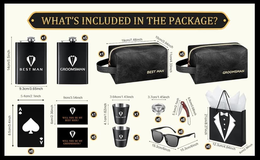 60Pcs Groomsmen Gifts Set of 6, Groomsmen Proposal Box with Flasks Sunglasses PU Leather Toiletry Bag Bottle Opener for Wedding Groomsman Best Man Gift