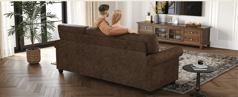 ONBRILL Faux Leather Sofa, 84 Inches Nailhead Trim Couch for Living Room, Mid-Century Modern Deep Seat Sofa with Rolled Arms, Classic 3 Seater Couch for Apartment, Office, Brown