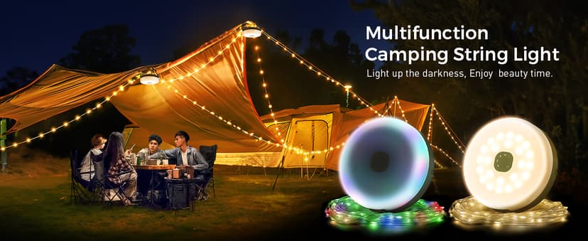Quick Storage Rechargeable Tent Light,Waterproof Hanging LED Design for Awning Patio Indoor Outdoor Decor Camping Essentials Camping String Lights, 32.8FT Rechargeable with Storage Reel, 8 Modes B0F3HZZNNP
