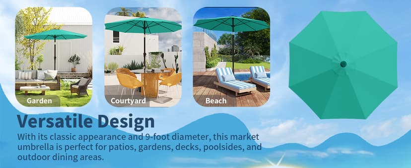 9FT Patio Umbrella with Fiberglass Ribs, Outdoor Market Table Umbrella with Crank and Tilt, UV Resistant Waterproof Canopy for Patio, Garden, Deck, Pool, Turquoise Blue