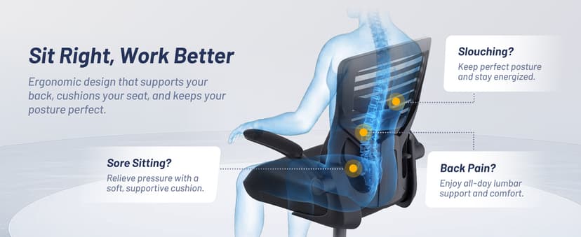 Office Desk Chair for Long Hours & Lower Back Pain Relief – 4“ Thick Molded Foam Cushion, Enhanced Lumbar Support, Padded Flip-up Armrests, Ideal for Office or Study, Black