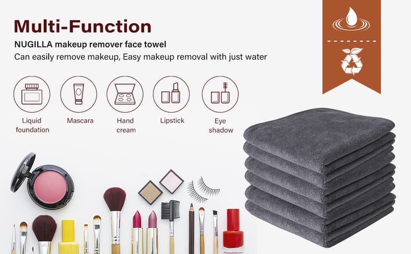 Nugilla Makeup Remover Cloth 12 x 12 Inch, Reusable Makeup Remover Towels for Washing Face, 6 Pack Washable Microfiber Face Cloth Fast Drying Washcloth, Grey