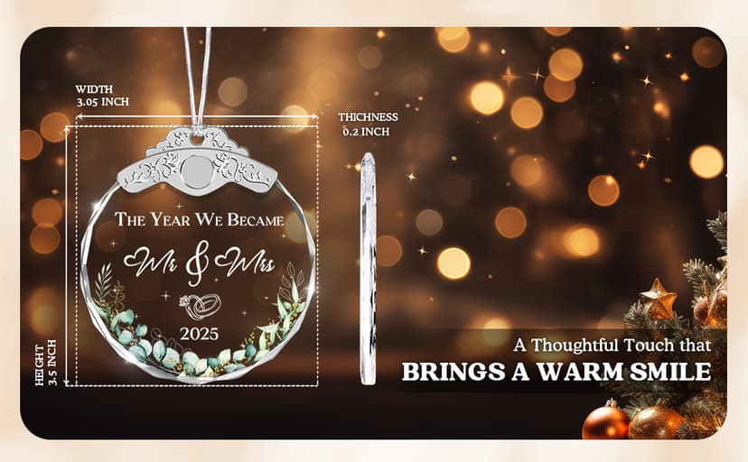 Glass Ornament - Mr & Mrs 2025 Wreath Leaf Wedding Ornaments - Newlywed Gifts for Couples 2025 - Couple Ornament for Bride and Groom - Elegant Engagement Keepsake for Christmas Tree Décor