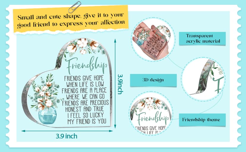 Spiareal Gift for Friend Friendship Women Friend Friendship Birthday Cheer up Gift Acrylic Heart Butterfly Keepsake Paperweight for Home Office Table Shelf(Classic)