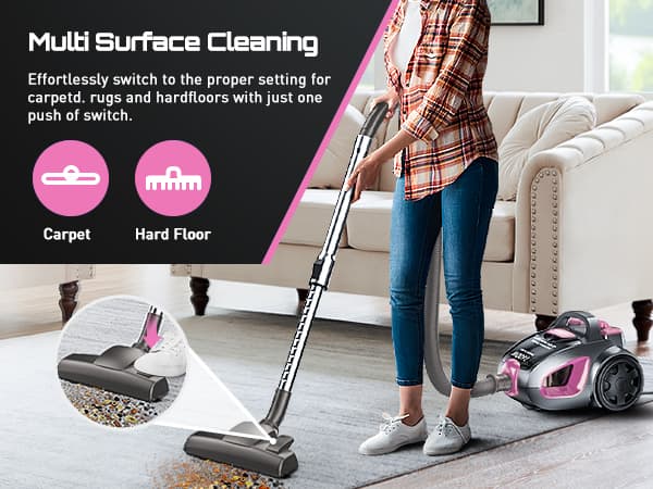 PKUYIE Canister Vacuum Cleaner, 40Kpa 1600W Cyclon Power, Dust Full Indicator, Double HEPA Filters, 3.7Qt Large Capacity, Lightweight Vac for Hard Floors, Carpets, Pet Hair, Pink