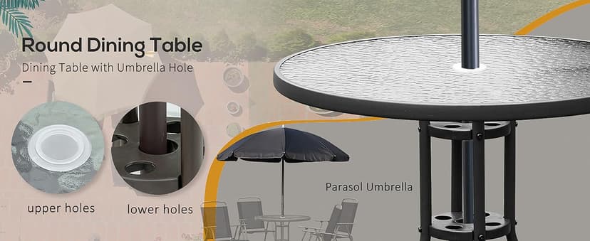 Outsunny 6 Piece Patio Dining Set for 4 with Umbrella, Outdoor Table and Chairs with 4 Folding Dining Chairs & Round Glass Table for Garden, Backyard and Poolside, Black and Coffee