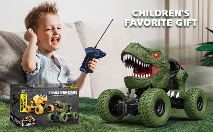 Remote Control Dinosaur Car for Kids Boys, 2.4Ghz All Terrain Remote Control Dinosaur Truck with Light, Rechargeable 4WD Off Road RC Car Toys for Kids 3 4 5 6 7 8-12 Year Old Boys Girls Birthday Gift