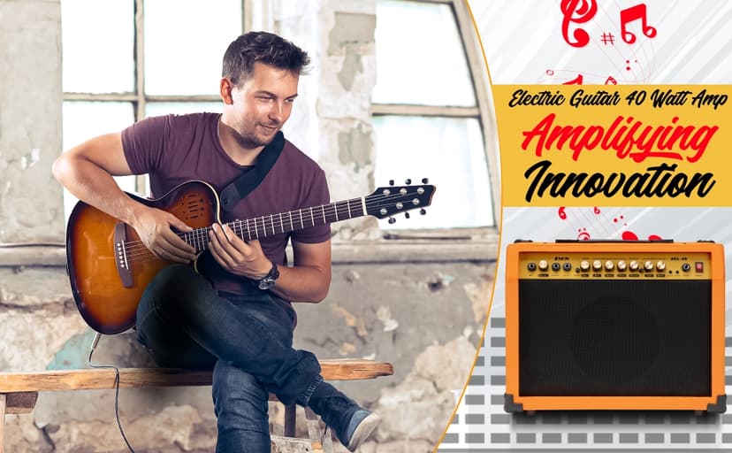 LyxPro 40 Watt Electric Guitar Amplifier | Solid State Studio Amp with 8” 4-Ohm Speaker, Custom EQ Controls, Drive, Delay, ¼” Passive/Active/Microphone Inputs, Aux in & Headphone Jack - Sunburst