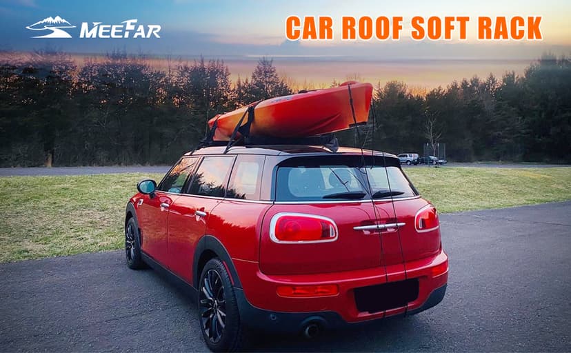 MeeFar Universal Car Soft Roof Rack Pads Luggage Carrier System for Kayak Surfboard SUP Canoe Include 2 Heavy Duty Tie Down Straps, 4 Tie Down Rope, 4 Quick Loop Strap and Storage Bag