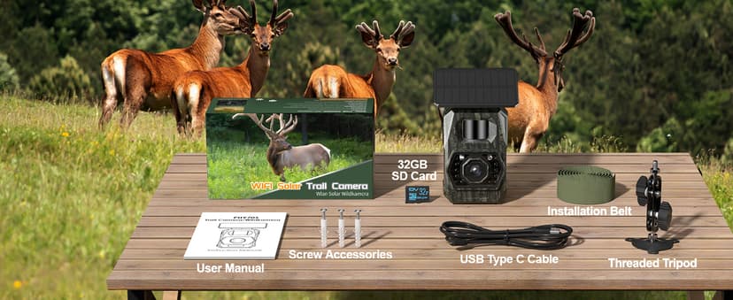 MAXDONE Solar Trail Camera WiFi Bluetooth - 48MP 30fps Game Camera with 5200mAh Rechargeable Battery, 0.1s Trigger Speed Motion Activated Trail Cam IP66 with 32GB TF Card for Wildlife Monitoring